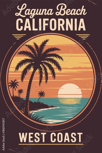 Laguna Beach California West Coast Retro Sunset Circular Graphic
