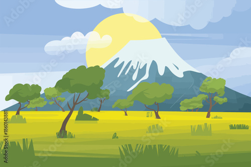 Vibrant savanna landscape with towering snow-capped mountain and bright sunshine