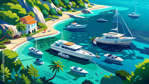 Very beautiful aerial view of yachts floating on crystal-clear turquoise water, creating a serene summer seascape from above in Croatia, symbolizing luxury travel and coastal relaxation.