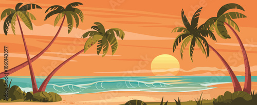 Tropical beach at sunset with palm trees and ocean waves
