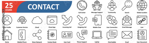 Contact line editable icon set. Contain icons related to message, phone, buttons, support, location, chat, business, mobile, address