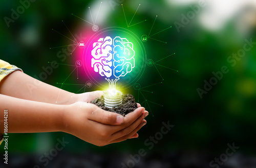 Innovation. New concept ideas with innovations hand in hand with future lamp technology and inspiration in science and communication concepts.