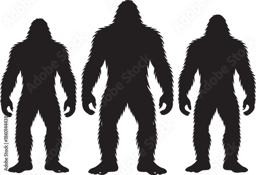 Three Bigfoot silhouettes standing in a row on white