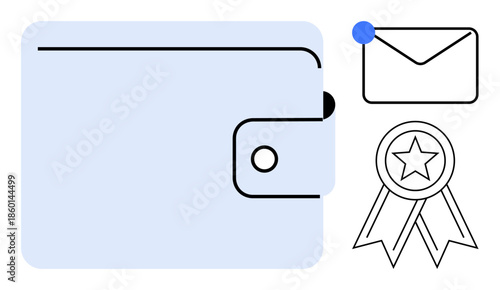 Digital finance, communication alerts, achievement recognition, online transactions, notifications, financial management. A wallet, an email alert and an award ribbon. Digital finance