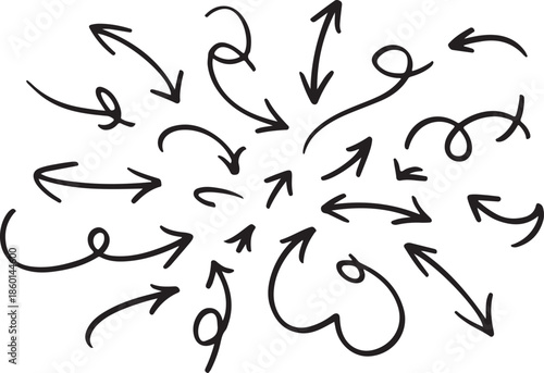 Hand drawn arrows pointing in different directions randomly scattered