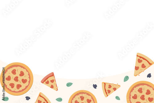Delicious pizza Valentine's Day background with bottom border copy space. Foodie template featuring pizza slices and mushrooms. Vector flat design layout for food blog banner or restaurant promo.