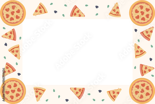 Tasty pizza Valentine's Day frame with copy space. Foodie background featuring pizza trays and fresh ingredients. Vector flat design border for italian food lover greeting card or party menu.