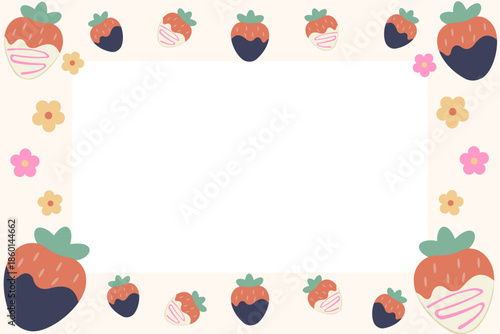 Romantic strawberry Valentine's Day frame with copy space. Dessert background featuring chocolate dipped berries and flowers. Vector flat design border for lover greeting card or wedding invitation.
