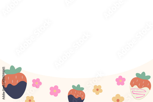 Sweet strawberry Valentine's Day background with bottom border copy space. Dessert template featuring chocolate dipped fruit and flowers. Vector flat design layout for romantic banner or food tag.