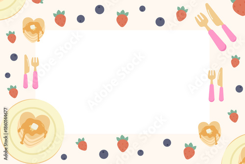 Sweet pancake Valentine's Day frame with copy space. Breakfast background featuring pancakes, syrup, and fruits. Vector flat design border for morning greeting card or brunch invitation.