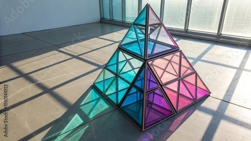 Colorful Geometric Pyramid Sculpture in Bright Room