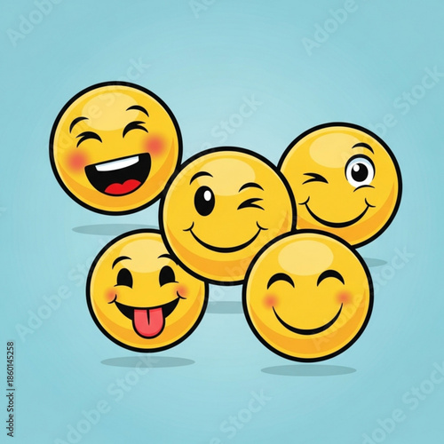 Collection of happy smiling faces with various cheerful expressions on blue background