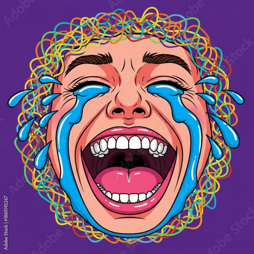 A colorful illustration of a man crying tears of blue joy with a vibrant multicolored background