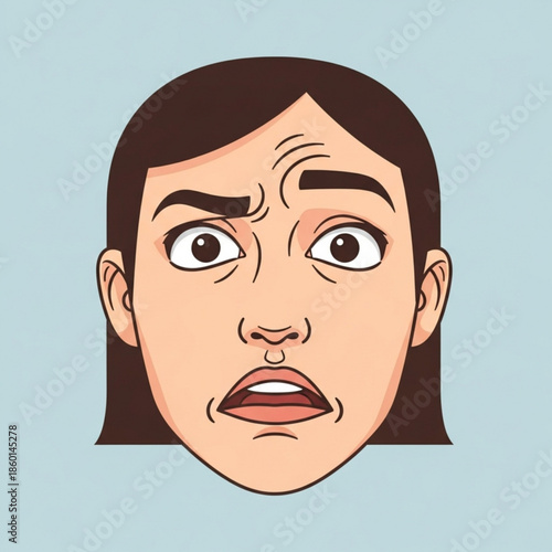 Cartoon woman with surprised and worried facial expression on blue background