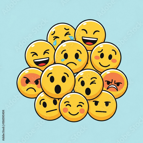 Collection of various happy and surprised emoticon faces on blue background