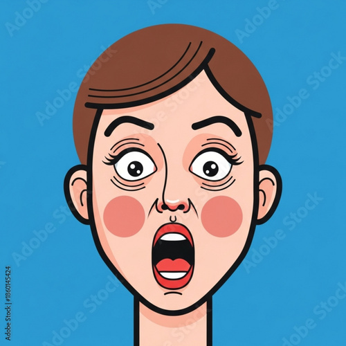 Cartoon woman with shocked facial expression on blue background looking surprised
