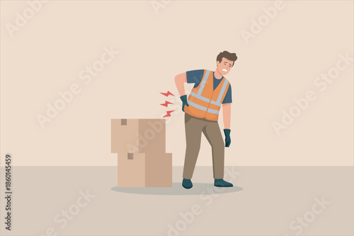 Warehouse worker suffering lower back pain while lifting heavy boxes. Flat vector illustration showing workplace injury, poor posture, manual handling risk, safety and health concept.