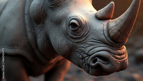 A rhinoceros head, showcasing its textured, grey, leathery skin and prominent horns, with a soft, warm bokeh background.