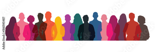Multi-colored transparent silhouettes of men and women, multiply mode, a group of standing business people. Diverse people group silhouette. Flat vector illustration isolated on background