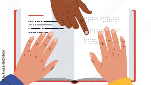 Hands pointing to braille text in an open book