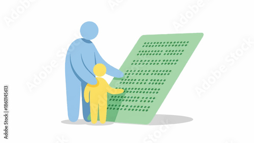 A man and child examining a large document together in a simple illustration style