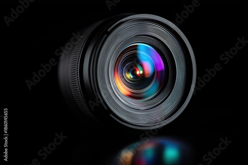 Camera lens with vibrant light reflection on glass surface, black background close-up perspective. High-detail macro for science and technology themes. Perfect digital content and educational projects