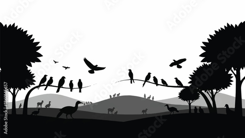 Serene landscape with birds perched on trees and animals grazing in the distance viewed from a tranquil viewpoint