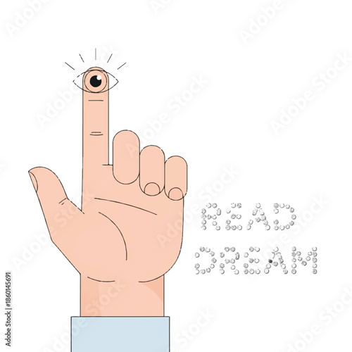 Hand with an eye on the index finger pointing upwards with the words READ DREAM