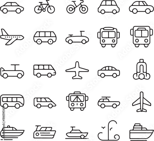 Various Transportation Modes Icons in Simple Line Style Design
