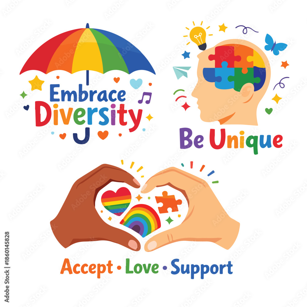 Fototapeta premium It’s Okay to Be Different – Colorful Diversity and Inclusion Illustration Set