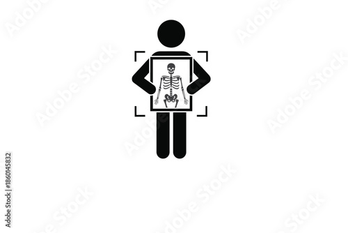 The image is a stylized graphic depicting a person undergoing a medical scan, likely an X-ray.