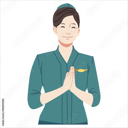 A flight attendant in a green uniform is welcoming passengers in a friendly manner
