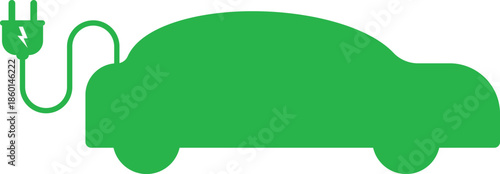 Electric Car Charging Symbols. Green EV sedan icon. Charger plug and cable graphic design. Sustainable mobility and clean energy signs