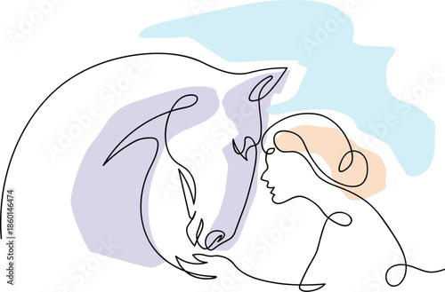 Horse and woman heads logo. A minimalist continuous line art illustration depicting the tender bond between a woman and a horse. This elegant continuous line art illustration captures the profound con