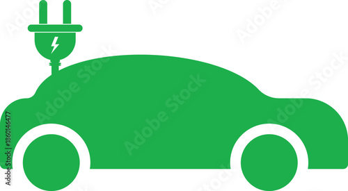 Electric Car Charging Symbols. Green EV sedan icon. Charger plug and cable graphic design. Sustainable mobility and clean energy signs