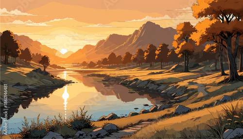 a sunset river landscape. Golden sun reflecting in water, autumn trees, mountains background, rocky path, warm peaceful atmosphere