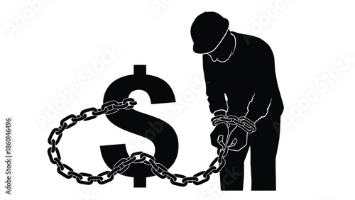 Silhouette of a person in chains connected to a large dollar sign symbolizing financial debt slavery and the heavy burden of economic obligation