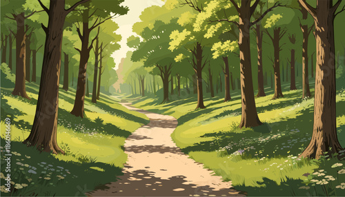 a peaceful forest park on a sunny spring day, featuring a winding dirt path flanked by tall green trees casting dappled shadows on the grass, evoking a serene anime background atmosphere