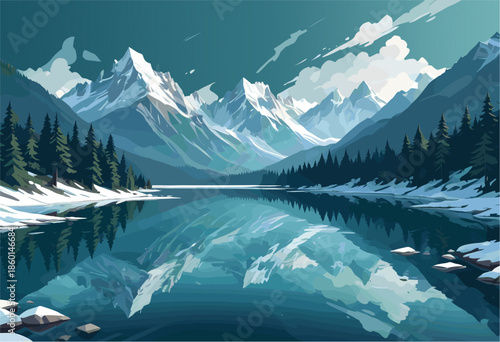 Modern flat vector illustration of majestic snow-capped mountains reflecting in a calm blue lake. Pine forests line the shore, scenic winter nature background, serene atmosphere