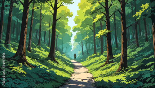 Anime style vector illustration of a man walking on a forest path. Sunlight filtering through tall green trees, summer nature background, peaceful atmosphere