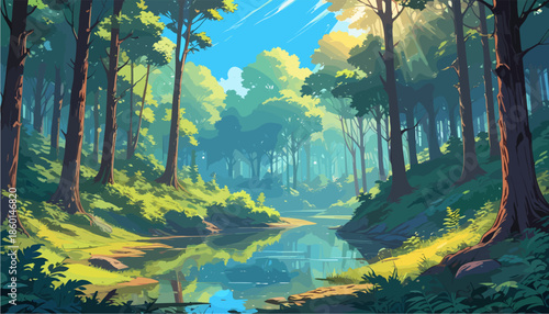 Comic style vector illustration of a summer forest with a calm river. Sunlight streaming through lush green trees, vibrant nature background, serene atmosphere, blue sky