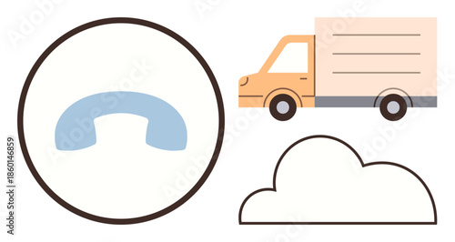 Cloud outline, delivery truck, and phone receiver circle linked for connectivity, storage, communication, logistics. Ideal for technology, delivery, cloud computing networking software business