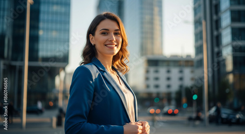 Confident businesswoman in blue suit standing on urban city street smiling at camera with office buildings behind