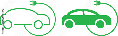 Electric Car Charging Symbols. Green EV sedan icon. Charger plug and cable graphic design. Sustainable mobility and clean energy signs