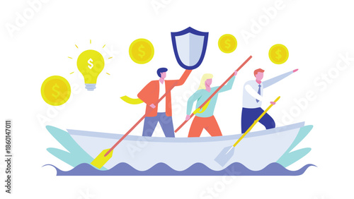 Business team navigating challenges with shield and financial growth