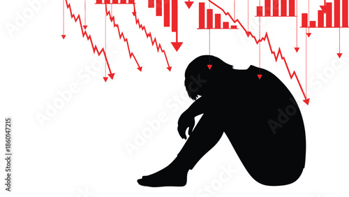 Silhouette of a person in distress sitting below sharp downward trending red financial charts symbolizing economic recession market crash and personal despair concept