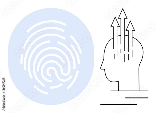 Digital identity d through stylized fingerprint design paired with growth mindset depiction using arrows rising from a silhouette. Perfect for technology, personal development, artificial