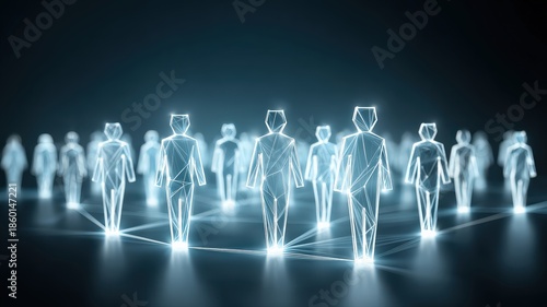 A large group of abstract people icons, with a network of glowing lines connecting them, teamwork and communication concept.