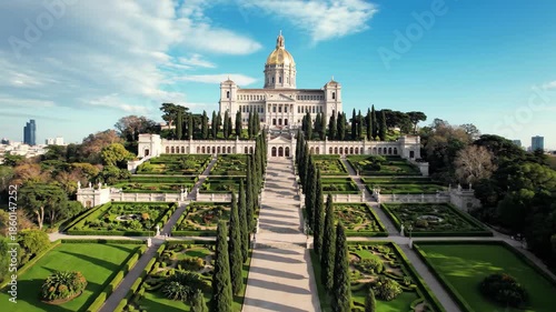 Aerial view of the bah terraces and shrine of the bb in haifa, israel, with golden dome and formal gardens, 4k high quality