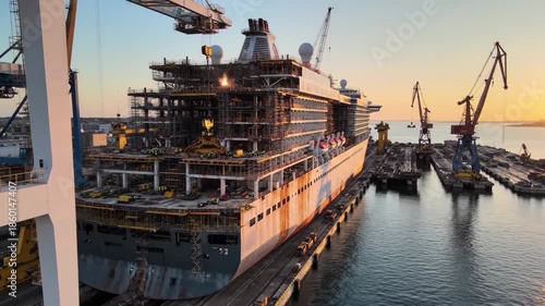 Large cruise ship under construction at a shipyard during sunset with cranes and dry docks visible, 4k high quality